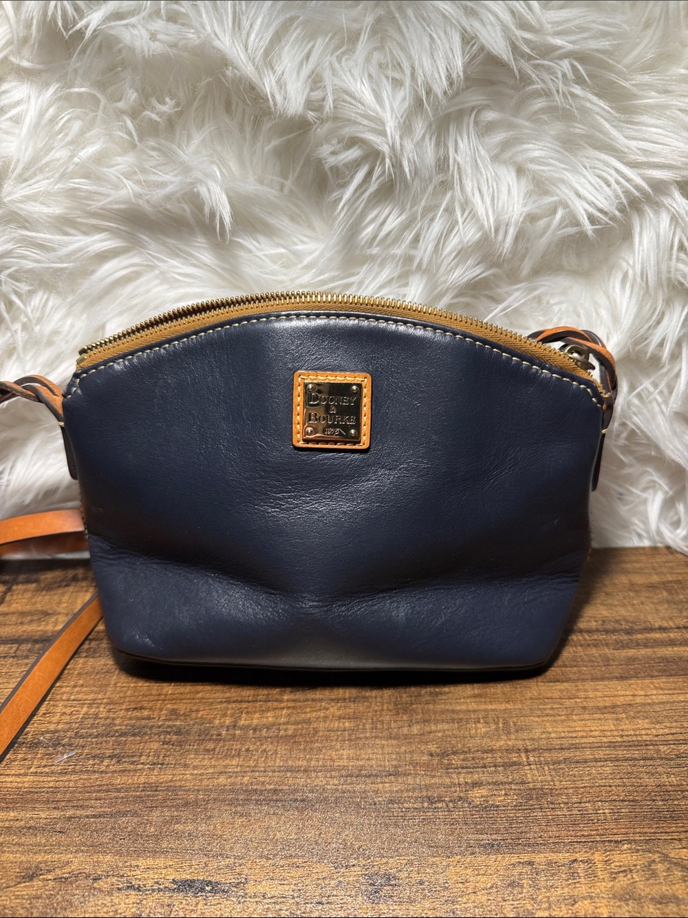 Dooney & Bourke Navy Leather Crossbody with Tan Trim